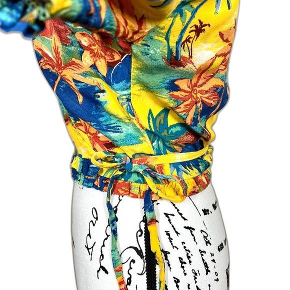 Zara women yellow crop top Palm tree floral wrap crop Blouse size XS kawaii boho - Picture 3 of 10
